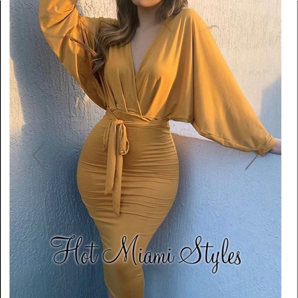 Mustard kimono sleeves belted dress